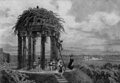 Monza, Parco Reale, incisione di C. Sanquirico raffigurante il "Tempietto di ferro, nel fondo veduta nell'I. R. Parco di Monza" realizzata intorno al 1830