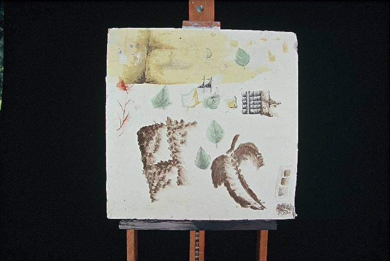 Foglie, Natura morta con frutta e flglie (dipinto murale) di Cozzi Daniela (ultimo quarto sec. XX)