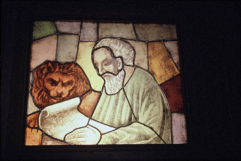 Battesimo di Cristo/ Quattro evangelisti, Battesimo di Cristo/ Evangelisti (vetrata) di Fayer Carlo (ultimo quarto sec. XX)