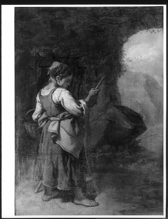 PASTORELLA CON BASTONE E CESTO (dipinto) di Londonio Francesco (metà sec. XVIII)