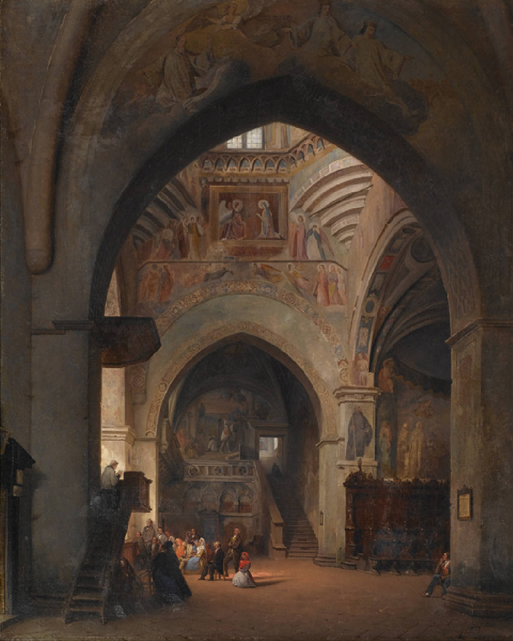 L'abbazia di Chiaravalle, Interno della chiesa abbaziale di Chiaravalle (Milano) (dipinto) di Bisi Luigi - vedutismo romantico (sec. XIX)