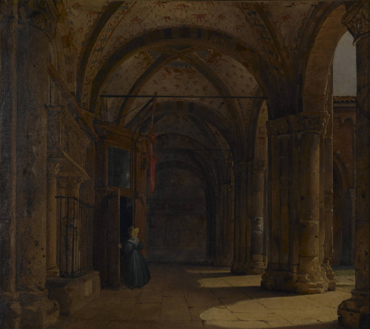 Atrio di Sant'Ambrogio, il portico del nartece. Interno di Sant'Ambrogio, il portico del nartece, Portico del nartece nell'atrio di Sant'Ambrogio a Milano (dipinto) di Bisi Luigi - vedutismo romantico (sec. XIX)