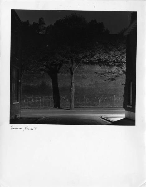 Nocturne. Cambrai, Francia - Esterno - Notte - Incrocio stradale - Un lampione dietro ad una casa illumina un albero - Ombra dell'albero sul muro