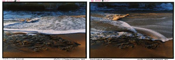 Dittico - Portogallo - Estremadura - Oceano Atlantico - Spiaggia - Battigia - Rocce - Schiuma dell'onda che si ritira - Onde - Sabbia bagnata