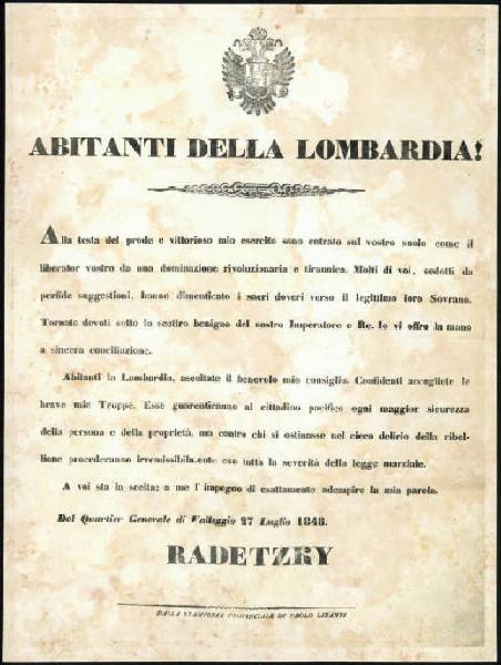 Mantova - Archivio di Stato (?) - Proclama: "Abitanti della Lombardia", 1848 luglio 27, Valeggio