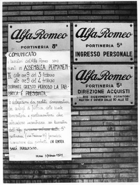 Alfa Romeo di Arese - Assemblea permanente - Targhe della fabbrica - Comunicato dei lavoratori