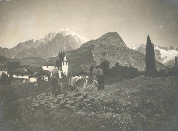 Paesaggio. Valdigne - Pré Saint Didier - Verrand - contadini al lavoro sullo sfondo del Mont Chetif e del Monte Bianco