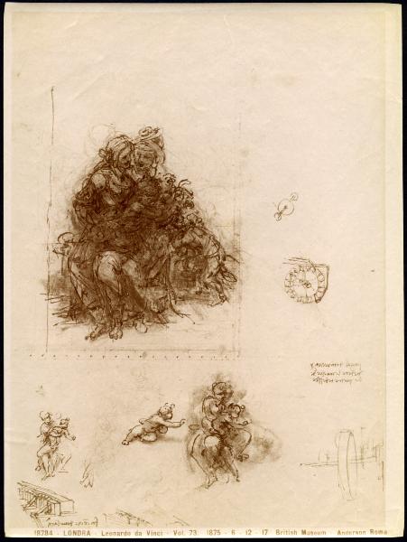 Disegno - Studi per una Madonna con Bambino e Sant'Anna e schizzi di congegni meccanici - Leonardo da Vinci - Londra - British Museum - inv. 1875,0612.17