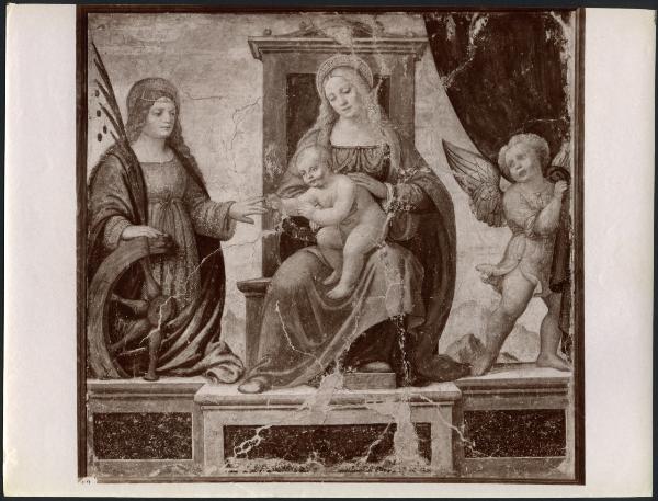 Dipinto murale - Madonna con Bambino e Santa Caterina - Scuola di Bernardino Luini - Milano - Pinacoteca di Brera