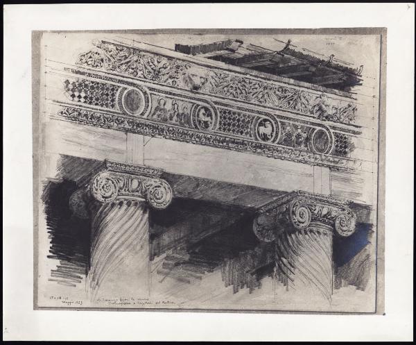 Disegno - Roma - San Lorenzo fuori le mura - Particolare di trabeazione e capitelli del portico - Giuseppe Mentessi