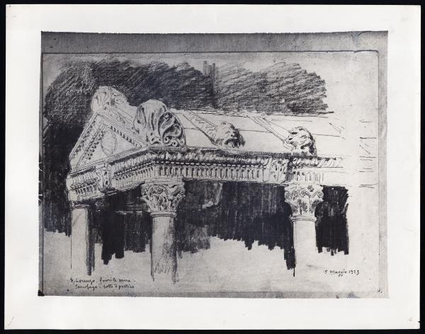 Disegno - Roma - San Lorenzo fuori le mura - Sarcofago sotto il portico - Giuseppe Mentessi