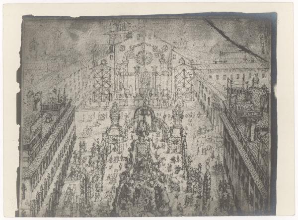 Incisione - Veduta della Piazza del Duomo di Milano con apparati effimeri per una celebrazione, XVII secolo