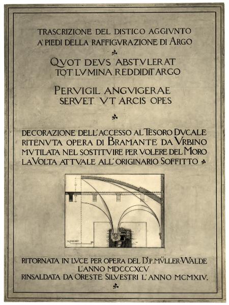 Scultura - Lapide commemorativa del restauro dell'affresco di Argo del Bramantino - Milano - Castello Sforzesco - Sala del Tesoro