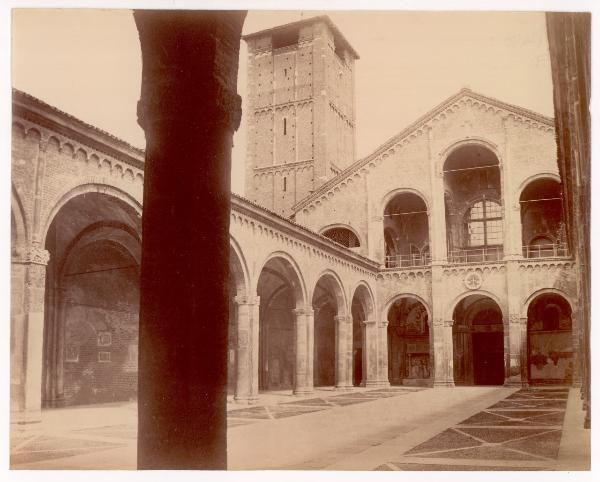Milano - Basilica di Sant'Ambrogio - Facciata, loggiato sinistro e campanile dei canonici