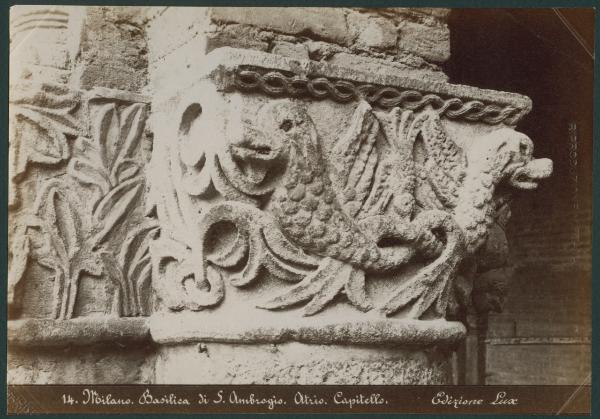Scultura - Capitello romanico - Coppia di animali fantastici e decorazioni fitomorfe - Milano - Basilica di Sant'Ambrogio - Atrio