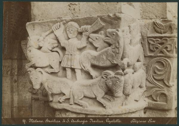 Scultura - Capitello romanico - Gruppo di animali e uomo, decorazioni fitomorfe - Milano - Basilica di Sant'Ambrogio - Nartece