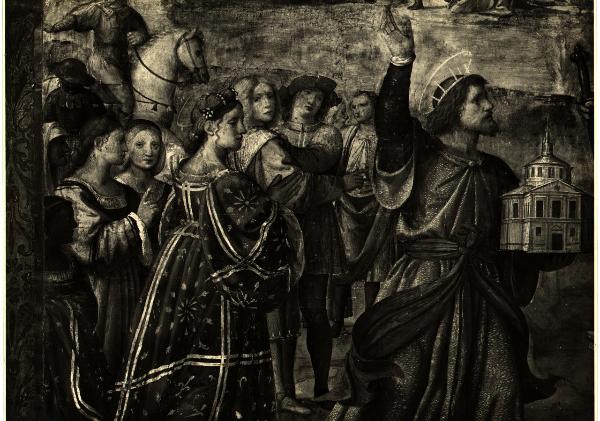 Milano - Monastero Maggiore - Chiesa pubblica di S. Maurizio, tramezzo, Bernardino Luini, S. Sigismondo offre a S. Maurizio il modello della chiesa, particolare dell'affresco di un riquadro dell'ordine superiore (1522-1524)