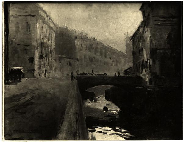 Milano - Raccolta Maimeri. Gianni Maimeri, veduta di un naviglio di Milano, olio su tavola (1929).