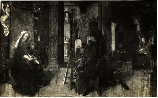 Milano - Pinacoteca di Brera. Scuola di Anversa, S. Luca in atto di dipingere la Vergine col Bambino, olio su tela (XVI sec.).