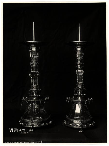 Milano - VI Triennale d'Arte. Sala dell'Oreficeria Antica, due candelabri in cristallo di rocca, argento dorato e gemme (arte veneziana, 1500 ca.).
