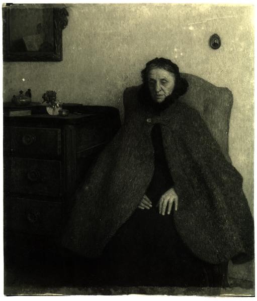Federico Boccardo, Decaduta, ritratto di anziana seduta in poltrona in un interno, dipinto ad olio.