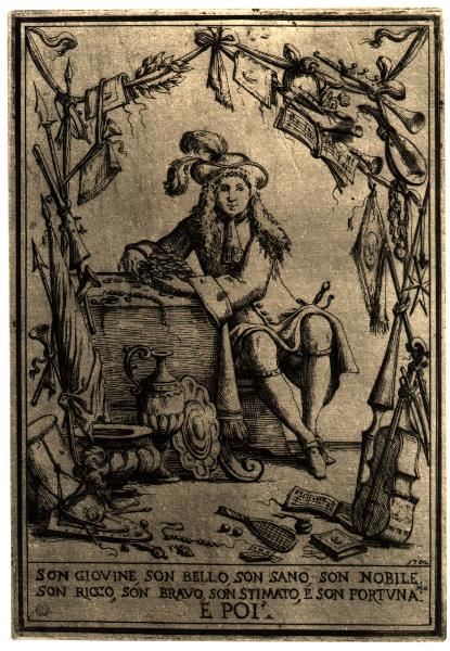 Milano - Castello Sforzesco. Civica Raccolta delle Stampe A. Bertarelli, Giuseppe Maria Mitelli, Son giovine, son bello, [...], proverbio figurato, incisione su carta (1702).