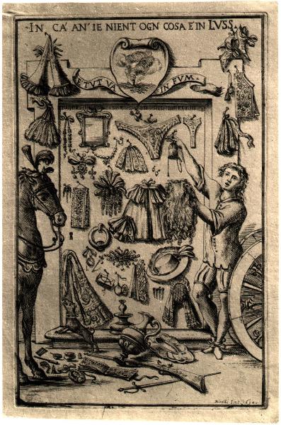 Milano - Castello Sforzesco. Civica Raccolta delle Stampe A. Bertarelli, Giuseppe Maria Mitelli, In ca' an' ie nient ogn cosa è in luss, proverbio figurato, incisione su carta (1690).