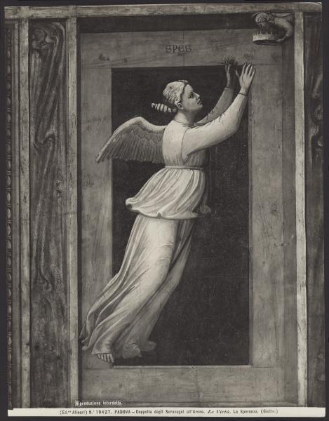 Padova - Cappella degli Scrovegni. Giotto, Speranza, affresco dello zoccolo della parete laterale destra (1305-6).