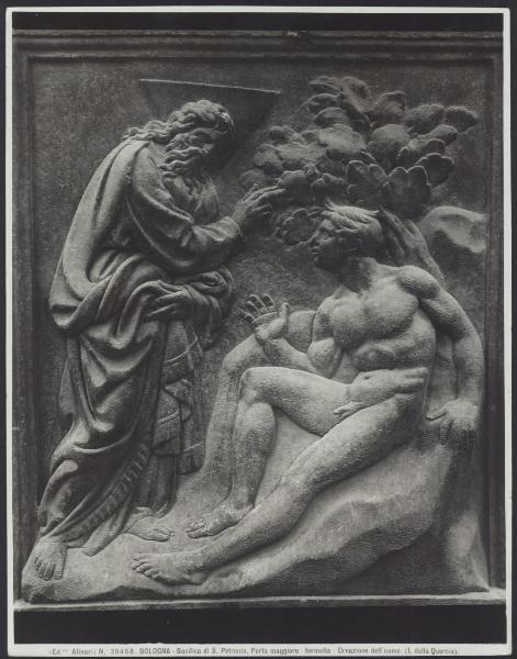 Bologna - Basilica di S. Petronio. Portale centrale, Jacopo della Quercia, Creazione dell'uomo, formella, bassorilievo in bronzo.