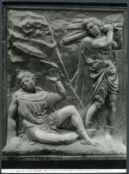 Bologna - Basilica di S. Petronio. Portale centrale, Jacopo della Quercia, Uccisione di Abele, formella, bassorilievo in bronzo.