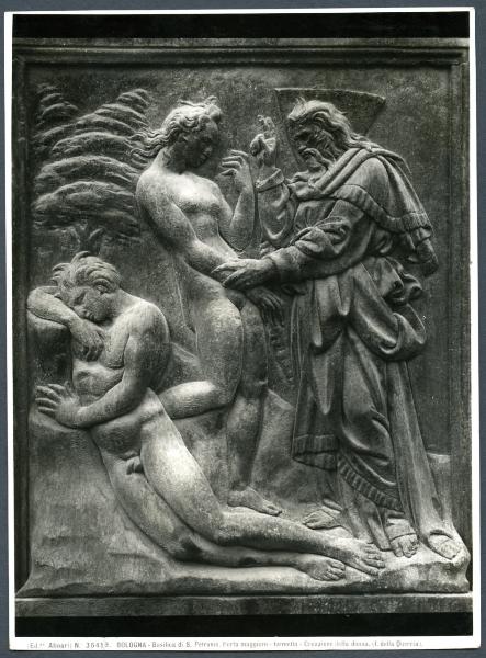 Bologna - Basilica di S. Petronio. Portale centrale, Jacopo della Quercia, Creazione della donna, formella, bassorilievo in bronzo.