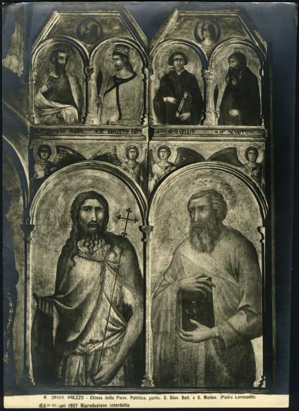 Arezzo - Pieve di Santa Maria. Pietro Lorenzetti, S. Giovanni Battista e S. Matteo, particolare del polittico dell'altare maggiore, tempera su tavola (1320).