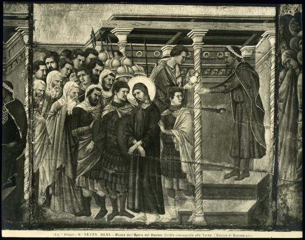 Siena - Museo dell'Opera del Duomo. Duccio da Buoninsegna, Pilato si lava le mani, particolare della facciata posteriore della MaestÃ , tempera su tavola (1308-1311).