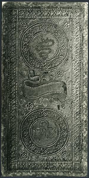 Yale - Biblioteca dell'UniversitÃ , collezione Cary. Bonifacio Bembo (attribuito), due di Denari, carta dei tarocchi Visconti di Modrone, tempera e oro su cartone ingessato (metÃ  XV sec.).