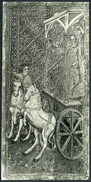 Yale - Biblioteca dell'Università, collezione Cary. Bonifacio Bembo (attribuito), il Carro, carta dei tarocchi Visconti di Modrone, tempera e oro su cartone ingessato (metà XV sec.).