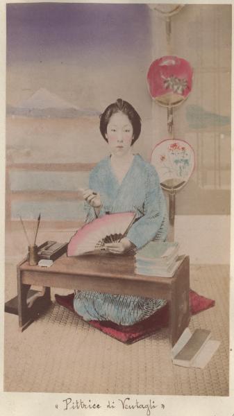 Ritratto femminile - Donna giapponese - Pittrice di ventagli Uchiwa e Sensu - "Bijin"