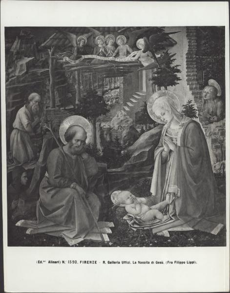 Dipinto - Adorazione di Gesù Bambino con S. Girolamo, Santa Maria Maddalena e S. Ilarione - Filippo Lippi - Firenze - Galleria degli Uffizi