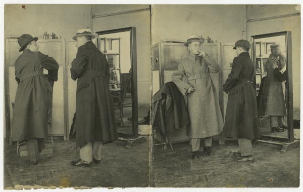 Ritratto maschile - Uomini, modelli, con cappelli e impermeabili - Specchio - Milano - Officine G. Ricordi, studio di Leopoldo Metlicovitz