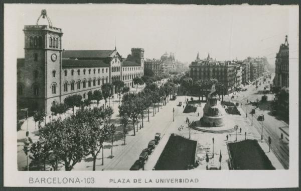 Barcellona - Plaza de la Universidad - Piazza - Palazzo dell'Università - Viali - Monumento - Veduta dall'alto