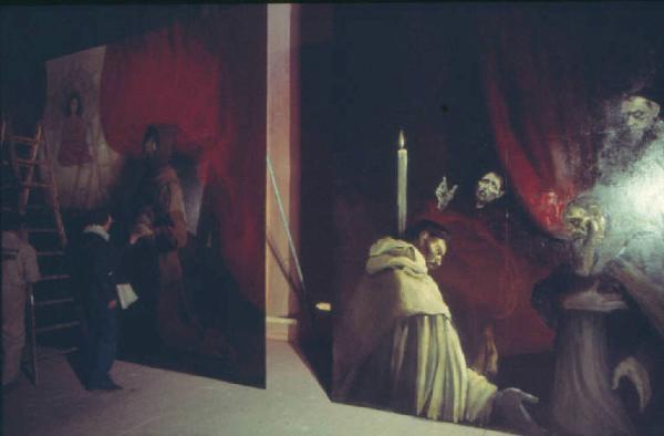 Set cinematografico del film "Il Casanova" - regia di Federico Fellini.  Un attore durante una scena - scorcio