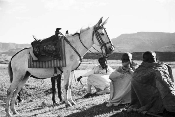 Viaggio in Africa. Tre militari indigeni durante una pausa in occasione della parata militare nei pressi di Adigrat