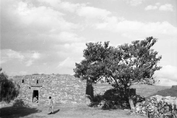 Viaggio in Africa. Quiha: scorcio del villaggio, edificio in muratura e albero d'acacia