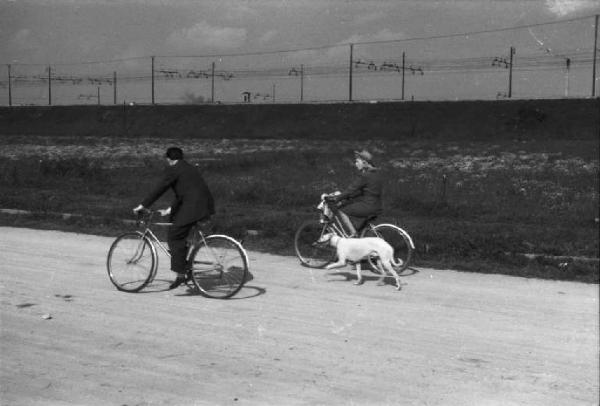 Periferia di Milano: uomo e donna in bicicletta, con cane al guinzaglio, pedalano lungo la massicciata della ferrovia