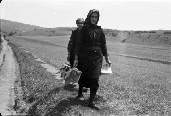 Viaggio in Jugoslavia. Dintorni di Vrhovine. Donne croate lungo un viottolo di campagna - recano ceste colme di ortaggi