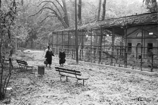 Italia Seconda Guerra Mondiale. Milano. La città dopo il bombardamento del 12 agosto 1943, le gabbie dello zoo abbandonate nei giardini di via Palestro