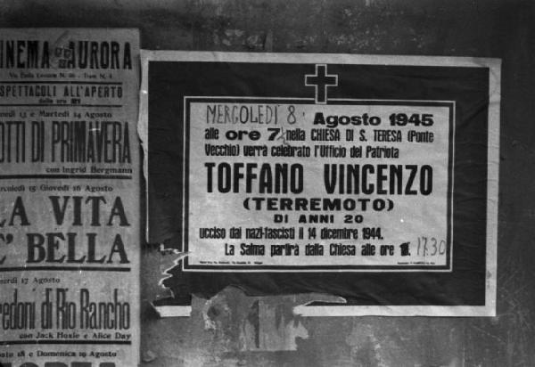 Italia Dopoguerra. Marzabotto - Manifesto che annuncia la commemorazione di Vincenzo Toffano