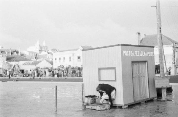 Portogallo. Cascais. Nei pressi del porto. Chiosco per la pesa del pesce - anziana seduta su una panca - sullo sfondo gli edifici del paese