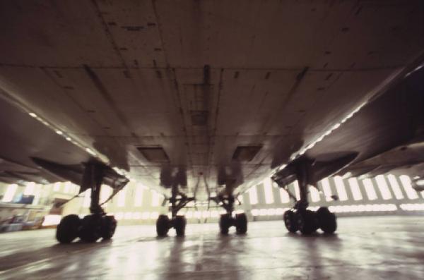 Alitalia. Interno di un hangar - parte sottostante della carlinga di un aeroplano con i carrelli