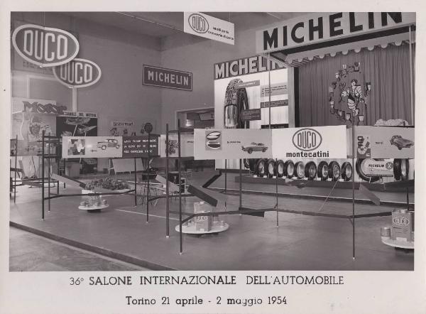 Torino - Salone Internazionale dell'automobile - Stand Montecatini dedicato alle vernici Duco - Stand pneumatici Michelin