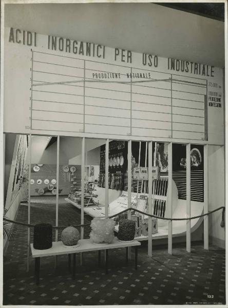 Milano - Fiera campionaria del 1939 - Padiglione Montecatini - Sala prodotti chimici per l'industria - Pannelli illustrativi - Vetrine espositive